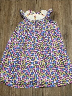 Marmellata Smocked Polka Dot Dress With Embroidered Ice Cream Cones - 4T